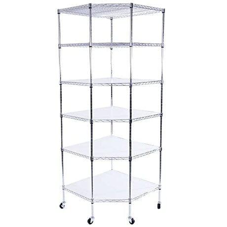 WOW PIONEER 6-Layer Corner Storage Shelves on Wheels, Metal Wire Shelving Unit for Home, Kitchen, Shop, Pantry, Restaurant Durable Steel Rack with Plastic Coating for Your Accessories, Tools Silver WOW PIONEER