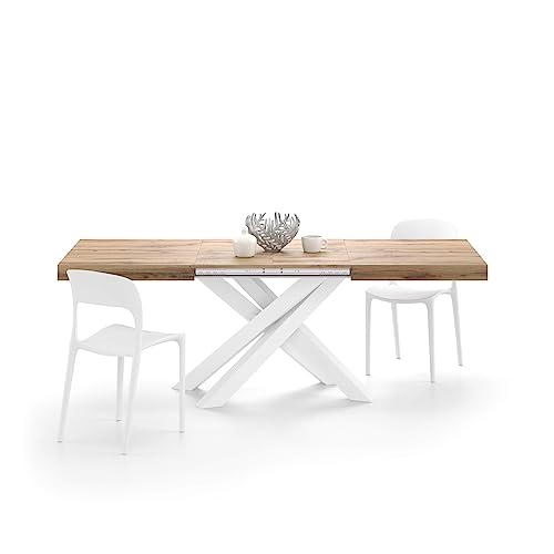 Mobili Fiver, Emma 140 Extendable Dining Table, Rustic Oak with White Crossed Legs, Laminate-Finished/Iron, Made in Italy - WoodArtSupply