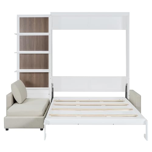 JIVOIT Queen Size Murphy Bed with Sofa, Space-Saving Wall Bed with Shelves, Murphy Chest Bed Can Be Folded Into A Cabinet, Hidden Murphy Bed Chest for Home Office (White/468) JIVOIT