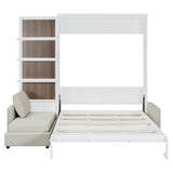 JIVOIT Queen Size Murphy Bed with Sofa, Space-Saving Wall Bed with Shelves, Murphy Chest Bed Can Be Folded Into A Cabinet, Hidden Murphy Bed Chest for Home Office (White/468) JIVOIT