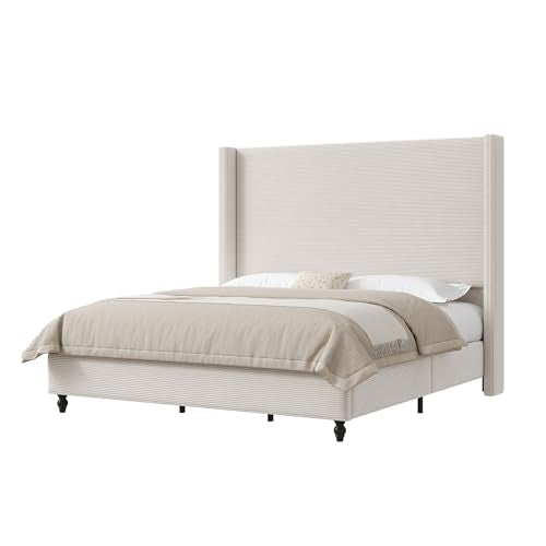 AMERLIFE King Size Bed Frame with 65" Tall Headboard, Upholstered Corduroy Bed Frame with Wingback, Platform Bed with Solid Wood Gourd Legs, Solid Slats, No Box Spring Needed, Cream AMERLIFE