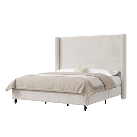 AMERLIFE King Size Bed Frame with 65" Tall Headboard, Upholstered Corduroy Bed Frame with Wingback, Platform Bed with Solid Wood Gourd Legs, Solid Slats, No Box Spring Needed, Cream AMERLIFE