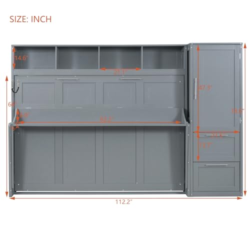 Ball & Cast Murphy Bed Queen Size Wall Beds with Closet and Storage Drawers,Wood Hideaway Platform Bedframe w/Lock,can be Folded,Easy Assembly,for Kids Bedroom,Student Dorms,Gray Ball & Cast