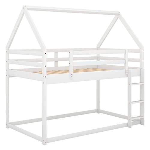 ZJIAH Twin Over Twin Solid Wood House Bunk Bed with Ladder and Safety Guardrails - Fun and Stylish Sleep Solution for Teens ZJIAH