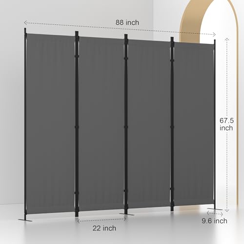Room Divider, 4 Panel Folding Privacy Screen, 88” Portable Separating with 3 Metal Feet, Partition Room Dividers, Lightweight Freestanding Wall Divider Screen for Office Bedroom Hospital(Grey) Phonjoroo