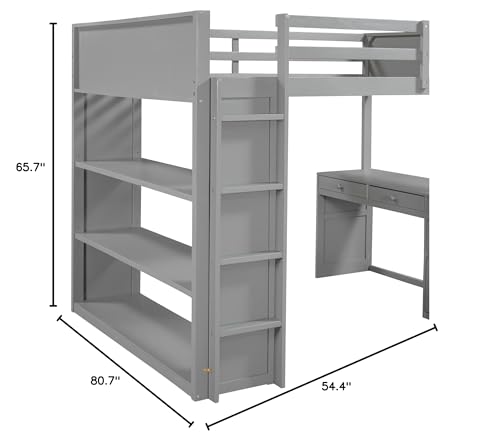 High Loft Bed, Full Bed Frame with Ladder, Shelves and Desk, No Box Spring Needed, Gray Merax