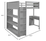 High Loft Bed, Full Bed Frame with Ladder, Shelves and Desk, No Box Spring Needed, Gray Merax