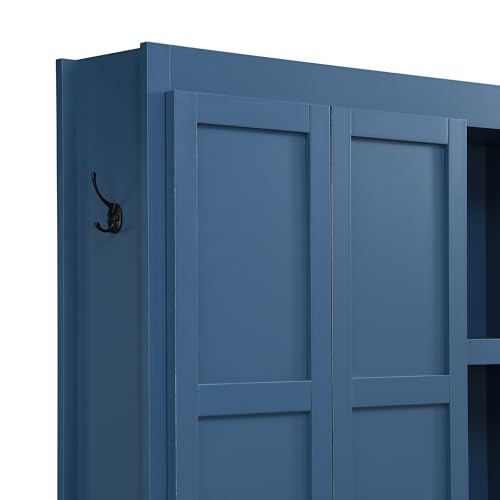 Ball & Cast 62.9" Farmhouse Hall Tree with Bench,4-in-1 Coat Rack W/Display Shelf,4 Storage Unit and 5 Shoe Cabinet,Entryway Cabinet W/ 6 Hanging Hookers,for Hallway,Living Room,Mudroom,Blue Ball & Cast