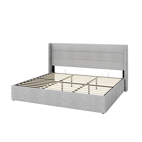 SHA CERLIN King Size Lift Up Storage Bed/Modern Wingback Headboard/Upholstered Platform Bed Frame/Hydraulic Storage/No Box Spring Needed/Wood Slats Support/Light Grey SHA CERLIN