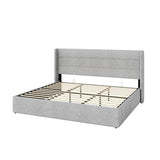 SHA CERLIN King Size Lift Up Storage Bed/Modern Wingback Headboard/Upholstered Platform Bed Frame/Hydraulic Storage/No Box Spring Needed/Wood Slats Support/Light Grey SHA CERLIN