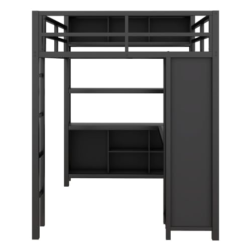Bellemave Metal Loft Bed with Wardrobe and L-Shaped Desk, Full Size Loft Bed with Storage Cubes and Shelves, Heavy Duty Loft Bed for Kids Teens Adults, Black Bellemave