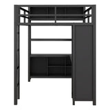 Bellemave Metal Loft Bed with Wardrobe and L-Shaped Desk, Full Size Loft Bed with Storage Cubes and Shelves, Heavy Duty Loft Bed for Kids Teens Adults, Black Bellemave