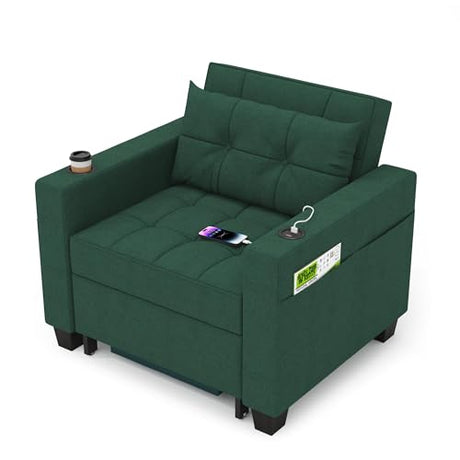 DURASPACE Futon Sofa Bed, 3 in 1 Convertible Sofa Chair Bed, Adjustable Backrest Chair, Chaise Lounge with USB Ports, Cup Holder, Side Pocket, Storage Box (Green) DURASPACE