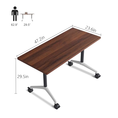 SOIUDNEB Folding Conference Table, Mobile Conference Table on Wheels, Large Flip-Top Conference Room Tables, Foldable Modular Rolling Training Table for Office Classroom (2, Walnut, 47.2in) SOIUDNEB