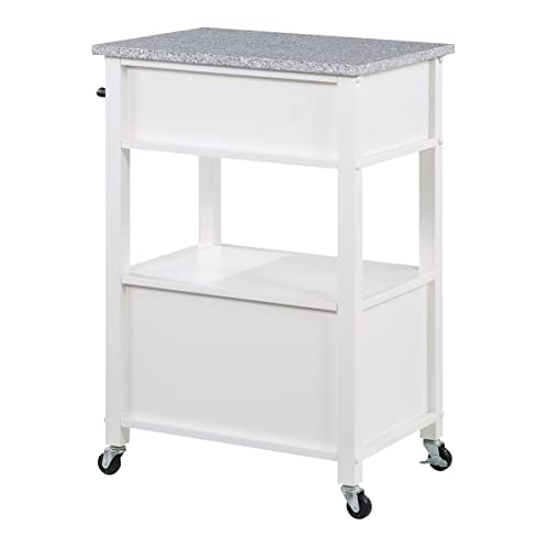 OSP Home Furnishings Fairfax Kitchen Cart with Granite Work Top and Extra Storage Drawer and Cabinet, White