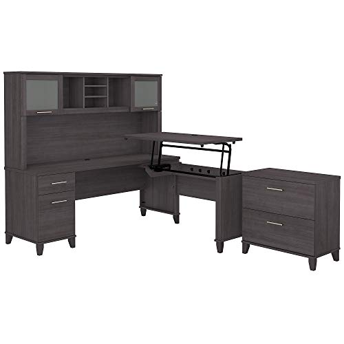 Bush Furniture Somerset 72W 3 Position Sit to Stand L Shaped Desk with Hutch and File Cabinet in Storm Gray Bush Home