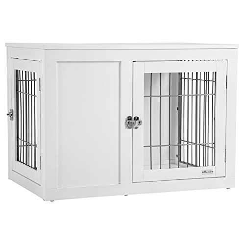 PawHut Dog Crate Furniture Wire Indoor Pet Kennel Cage, End Table with Double Doors, Locks for Small and Medium Dog House, White - WoodArtSupply