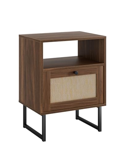 Apetaccat Rattan Nightstand, Boho Night Stand Farmhouse Wood Bedside Table with Storage and Open Shelf, End Side Accent Table for Bedroom,Living Room,Walnut Apetaccat
