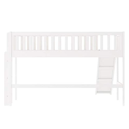 Twin Size Low Loft Bed with Removable Slide and Safety Rails by RORIGAT – Solid Pine Wood Frame, Space-Saving Design in White - WoodArtSupply