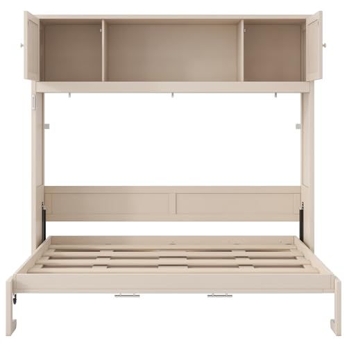 Merax Full Size Murphy Bed with Storage Cabinets, Rustic Solid Wood Wall Bed with 3 Cabinet Shelves, Space Saving Foldable Bed for Studio Apartment, Guest Room, Home Office, Beige Merax