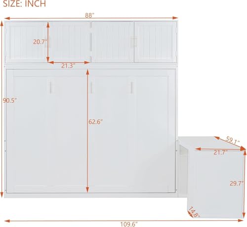 Virubi Queen Horizontal Murphy Bed with Desk and Storage Cabinets,Wood Murphy Wall Bed Queen Size Fold Up Bed Adult Murphy Bed Cabinet Queen Hideaway Bed for Guest Room Living Room Bedroom (White) Virubi