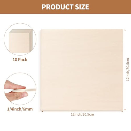 10 Pack-12x12'' Basswood Sheets 1/4 for Crafts Inch 6mm Unfinished Basswood Sheets.Plywood Sheets Used for DIY Projects, Laser Engraving, Wood Burning, Staining, Model Making & More LINAUSTFB