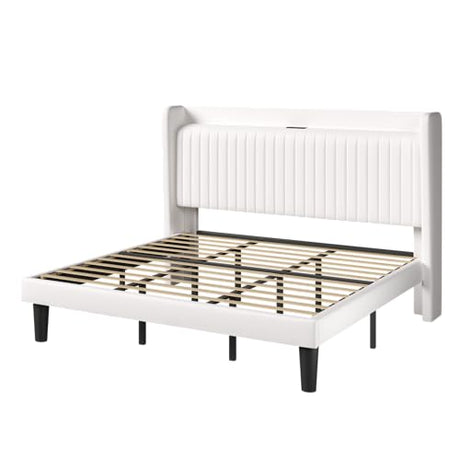 Allewie King Size Platform Bed Frame with USB Charging Station and Storage Shelf/Upholstered Velvet Wingback Headboard/Wooden Slats Support/No Box Spring Needed/Easy Assembly, White Allewie