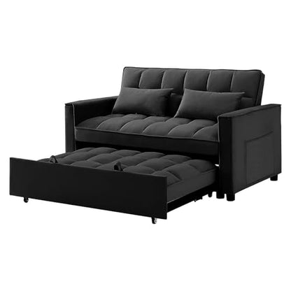 SumKea 55.2'' Pull Out Couch 2-Seater Sleeper Loveseat, 3-in-1 Reclining Sofa Bed, Futon Adjustable Backrest with Pillows, Pockets, Couch for Living Room Apartment Lounge, Black - WoodArtSupply