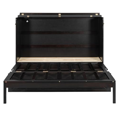 TCMILA Queen Size Murphy Cabinet Bed with Large Storage Drawers and USB, Foldable Murphy Bed Frame with Wood Slat Support, Space Saving, for Kids Boys Girls Adults, Espresso TCMILA
