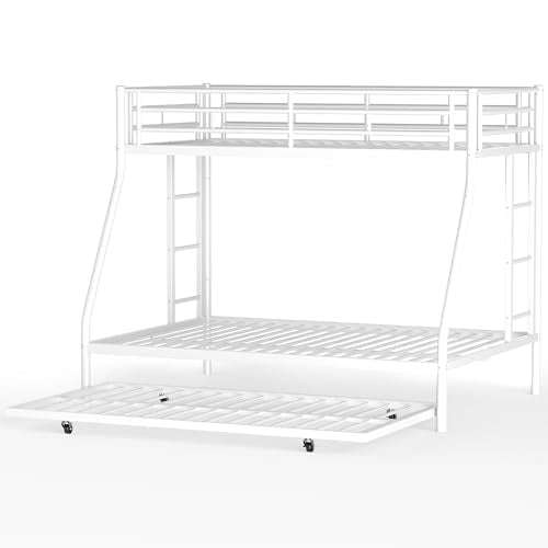 Shintenchi Bunk Bed Twin Over Full Size with Trundle, Heavy-Duty Twin&Full Frame with Full-Length Guardrail and Two Ladders, Triple for Kids, Teens and Adults, Space-Saving, White Shintenchi