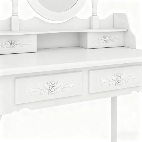European - Style 4 - Drawer Single - Mirror Dressing Table Set in White - 360 - Degree Rotating & Removable Mirror Generic