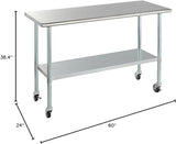 ROCKPOINT Stainless Steel Table for Prep & Work with Caster Wheels 60x24 Inches, NSF Metal Commercial Kitchen Table with Adjustable Under Shelf and ROCKPOINT