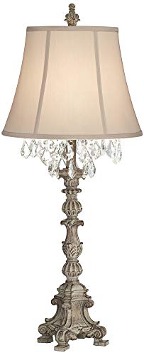 Barnes and Ivy Duval French Country Cottage Core Table Lamp 34" Tall Crystal Distressed Antique White Candlestick Beige Bell Shade Decor for Living Room House Bedside Nightstand Home Office Family Barnes and Ivy