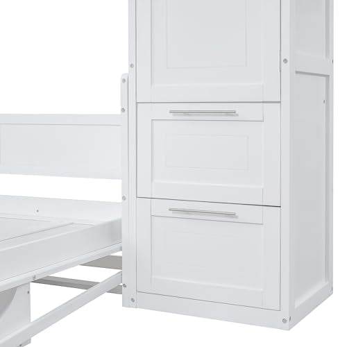 YOPTO Full Size Murphy Bed Cabinet with Closet and Drawers,Hidden Folding Wall Bed Frame,Wood Platform Bed Chest,Space-Saving,Easy Assembly,for Bedroom,Guest Room,Home,Office,White YOPTO