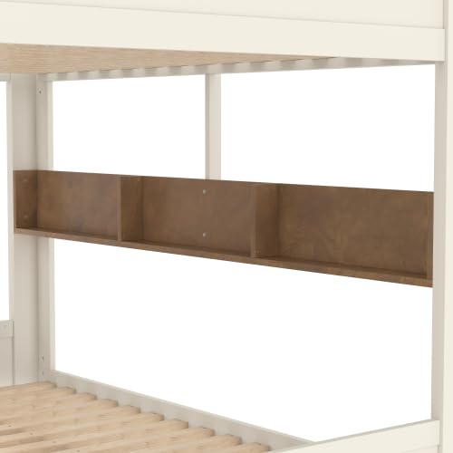 Bellemave Queen Over Queen Bunk Bed with Trundle & Hooks, Wooden Floor Bunk Beds Frame with Storage Shelves & Ladder for Kids Teens, Beige+Natural Bellemave