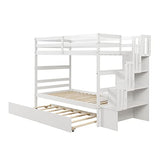 Twin Over Twin Bunk Bed with Trundle,Solid Wood Bunk Beds with Storage Stairs,Bunk Bed Twin Size with Stairs for Kids,Teens,Adults,White Bellemave