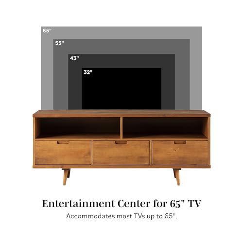 Walker Edison 3-Drawer Mid Century Modern Wood TV Stand for TV's up to 65" Flat Screen Cabinet Door Living Room Storage Entertainment Center, 58 Inch, Caramel - WoodArtSupply