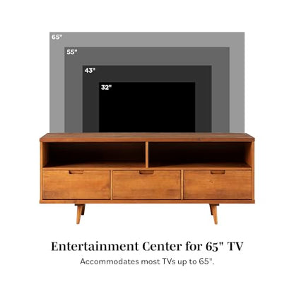 Walker Edison 3-Drawer Mid Century Modern Wood TV Stand for TV's up to 65" Flat Screen Cabinet Door Living Room Storage Entertainment Center, 58 Inch, Caramel - WoodArtSupply