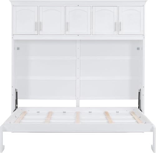 Virubi Queen Horizontal Murphy Bed with Storage Cabinet,Wood Folding Murphy Wall Bed for Adult (White,Queen) Virubi