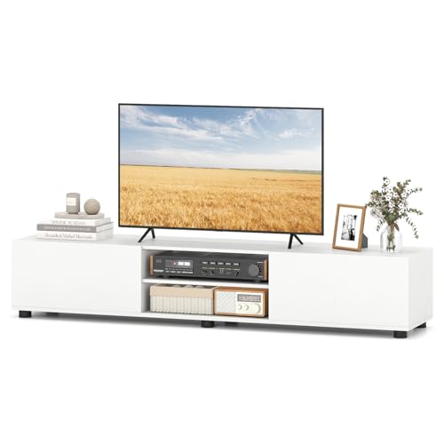 Tangkula Modern TV Stand for up to 70” TVs, 63”L Minimalist Entertainment Center w/ 2 Doors & Open Shelves, Media Console Table Storage Cabinet with 6 Support Feet for Living Room (White, 63”L) Tangkula
