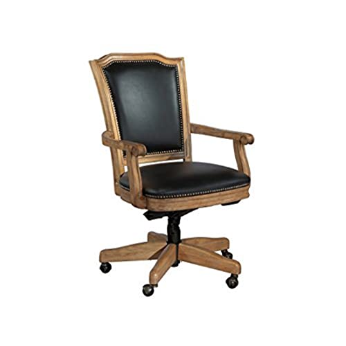 Hekman Furniture Wellington Hall Wood Frame Desk Chair - Genuine Black Leather Antique Brass Nail Head Trim Pneumatic Lift Tilt Mechanism Rolling Wood Base Chair Best for Home & Office Décor Hekman