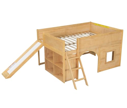 Merax Full Size Loft Bed with Slide & Stairs, Low Loft Bed for Kids, Solid Wood Bed Frame with Storage Shelve, Guard Rails, Slat Support & Under-Bed Play Space, No Box Spring Needed, Natural Merax