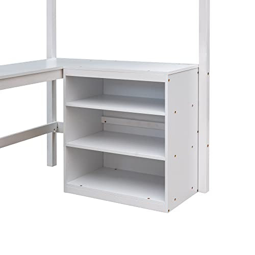 Ball & Cast Twin Size Loft Bed with Full-Length Guard Rail and Storage Shelves,Wood Bedframe w/Ladder & U Shape Desk,Slat Support,Space Saving,Bedroom Furniture for Student Dorms,Studio,White Ball & Cast