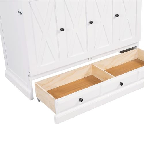 Hlcodca Murphy Cube Cabinet Bed with USB Charging Station, Solid Pine Murphy Bed Cabinet with Large Drawer, Queen Size Bed Frame for Guest Room, Home, Office (White-k) Hlcodca
