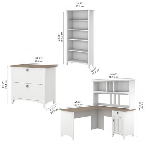 Bush Business Furniture Salinas 60W L-Shaped Desk Set with Hutch, File Cabinet, and Bookcase in Shiplap Gray and Pure White Bush Business Furniture