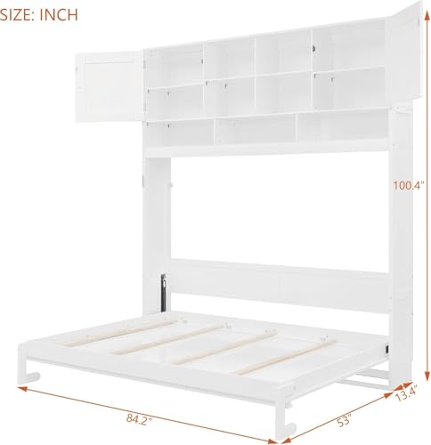 Queen Horizontal Murphy Bed with Storage Shelves,Wood Folding Hideaway Murphy Wall Bed with Storage Bookcase for Adults (A White) MERITLINE