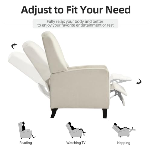 INZOY Wingback Pushback Recliner Chair, Fabric Push Back Recliners with Padded Seat, Mid Century Modern Reclining Chair for Living Room Bedroom, White