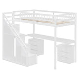 Merax Twin Size Wood Loft Bed with Desk, Stairs & Storage, Space Saving Bed with Lights, 2 Drawers, Guardrails, 220LBS Capacity, White Merax