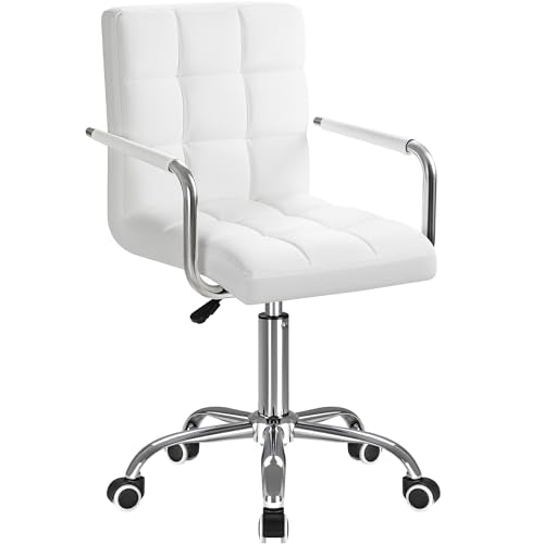 Furmax Vanity Office Chair with Wheels, Makeup PU Leather Executive Chair Modern Adjustable Home Desk Retro Comfortable Work Chair 360 Degree Swivel with Arms (White) Furmax