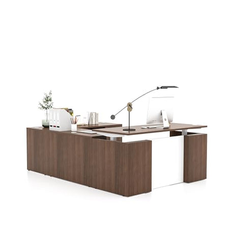 ALFA BUSINESS U-Shaped Executive Office Standing Desk with Pre-Assembled Frame & Lockable File Cabinet, Dual Motor Height Adjustable Electric Sit Stand Desk, Programmable Controller, Walnut/White ALFA BUSINESS